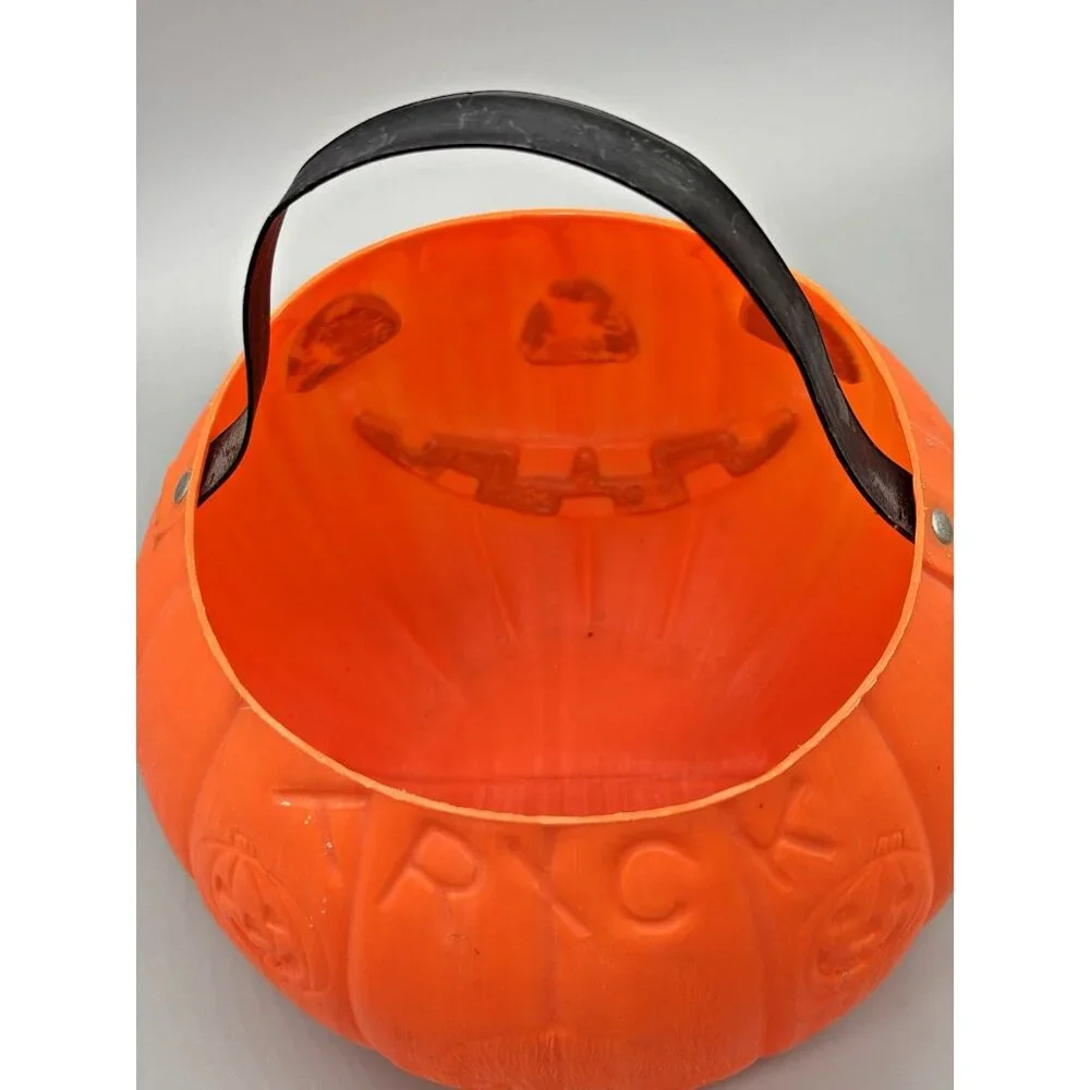 AJ Renzi Halloween Blow Mold Trick Or‎ Treat Pumpkin Cat Bucket 2 Sided Vintage